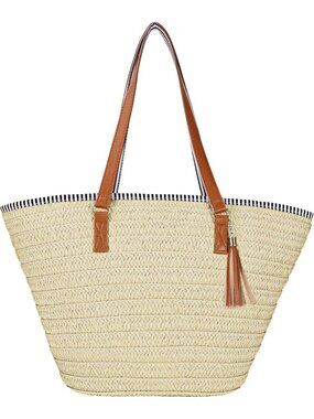 Women's Beige Large Straw Shoulder Bag Beach Tote with Tassel for Summer